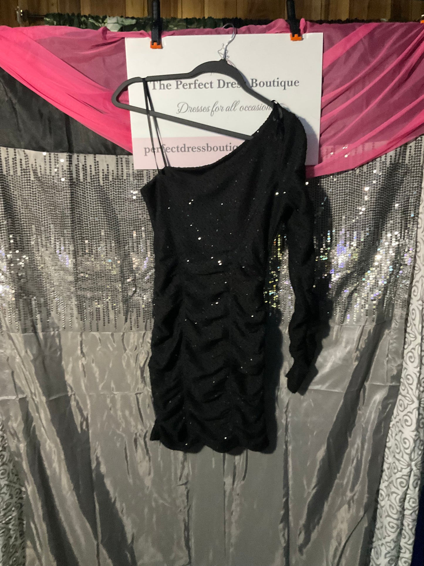 Black one shoulder dress with rhinestones