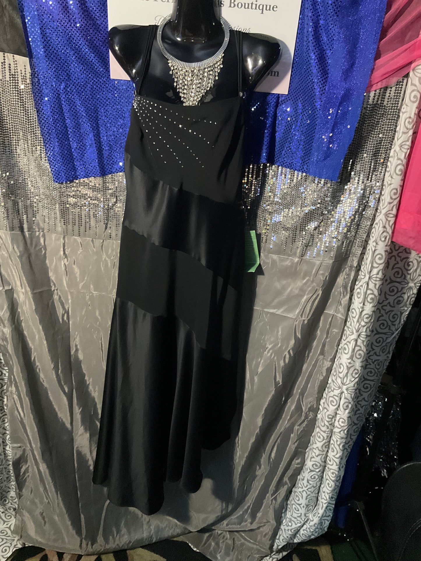 Black maxi dress with rhinestone embellishments