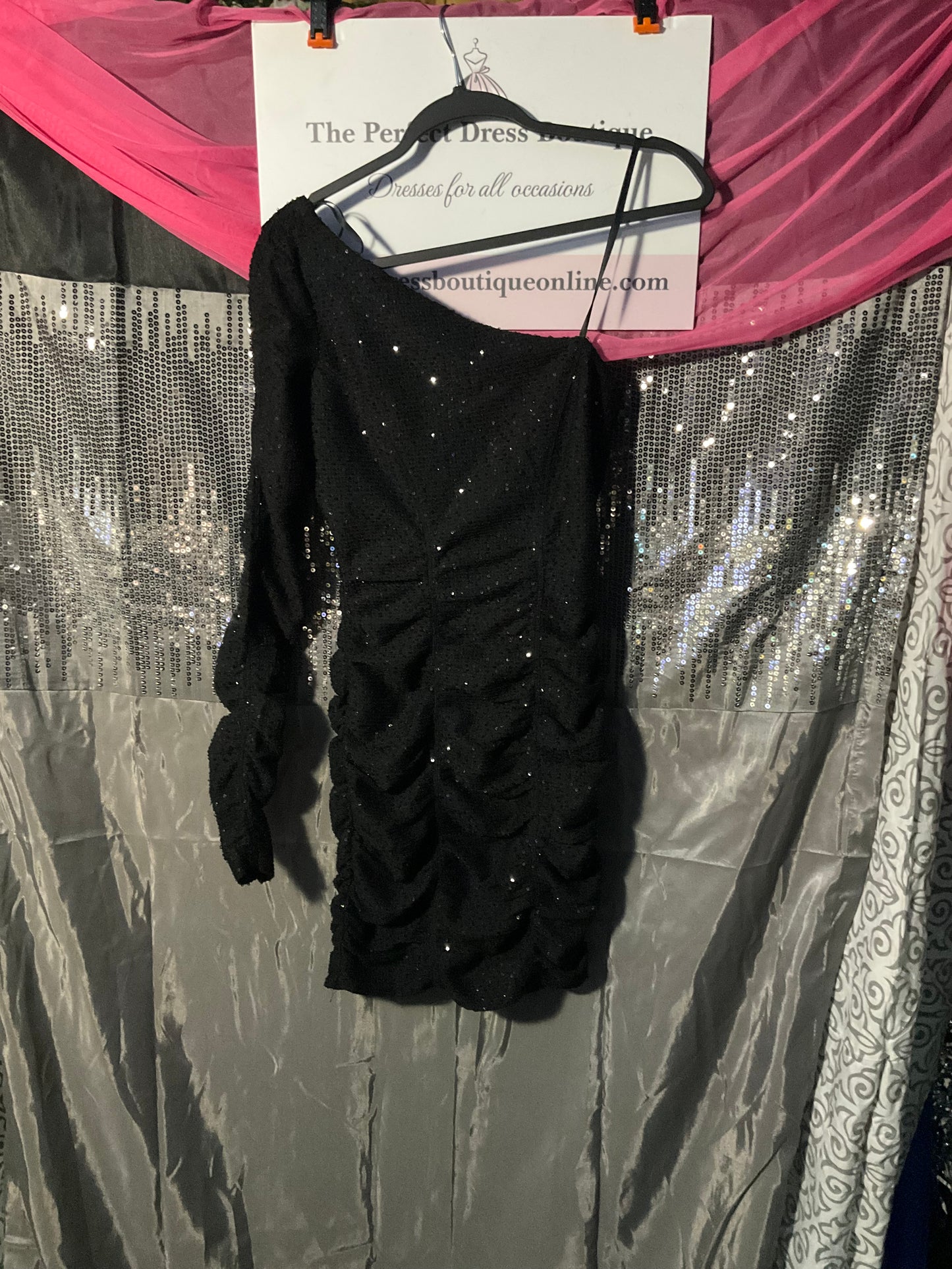 Black one shoulder dress with rhinestones