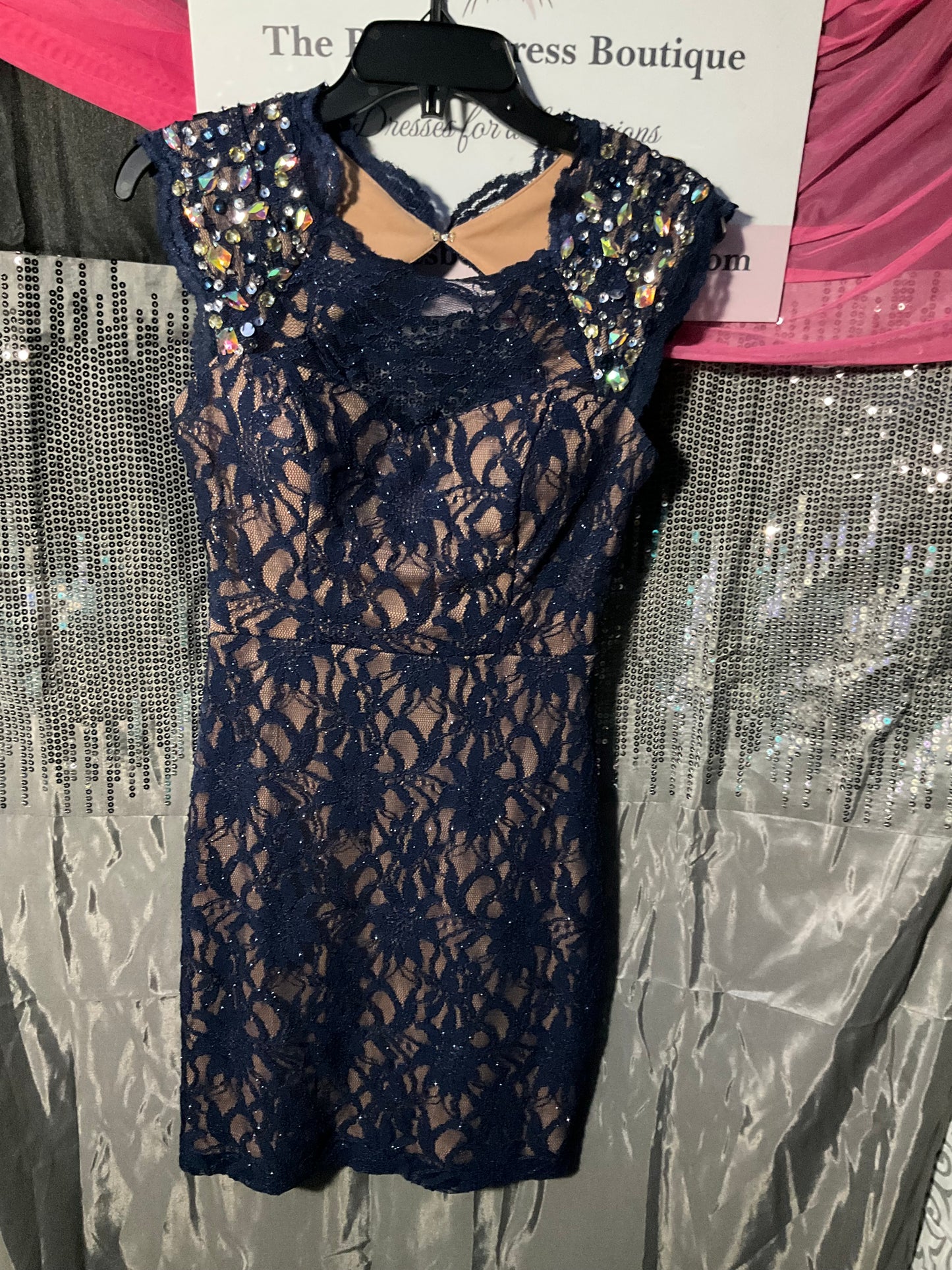 Blue/Tan and lace cocktail dress