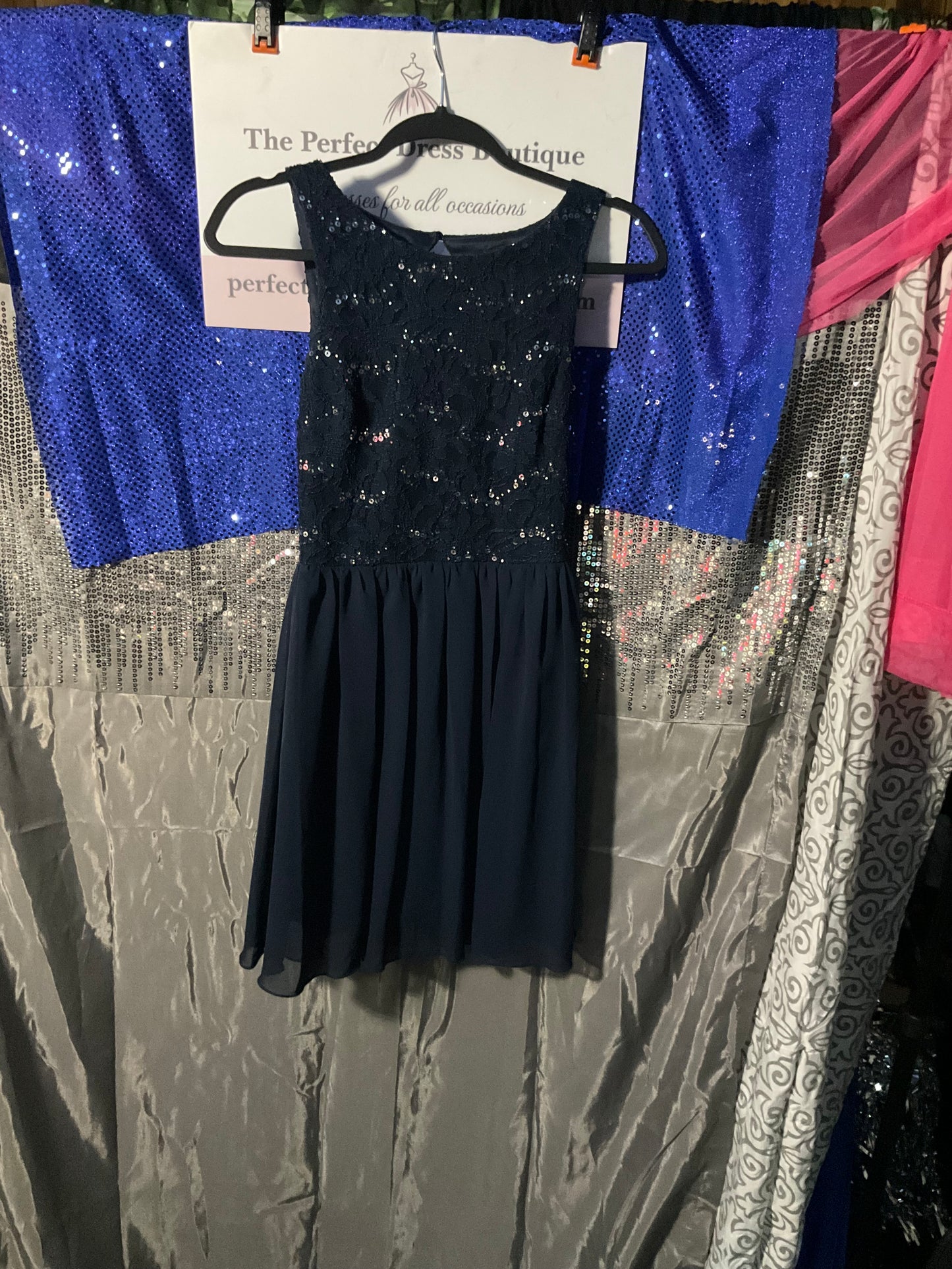 Navy Blue lace & chiffon knee length dress