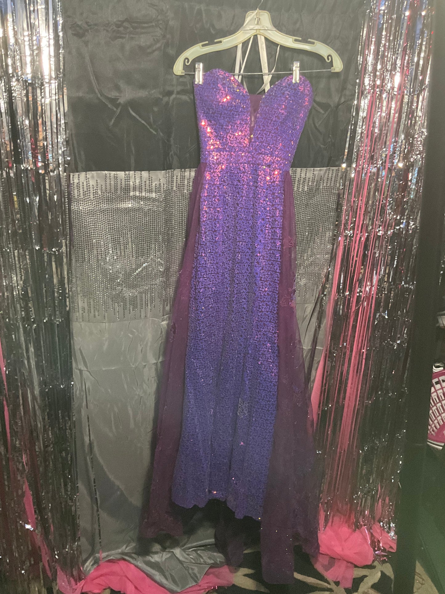 Purple Tulle Ellie Wilde Mon Cheri Gown with sequined train