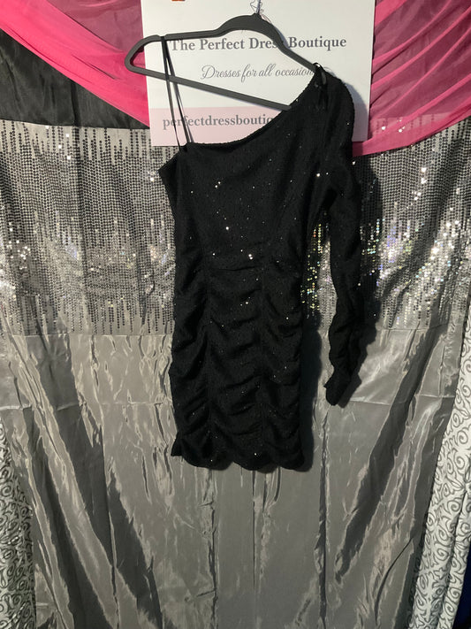 Black one shoulder dress with rhinestones