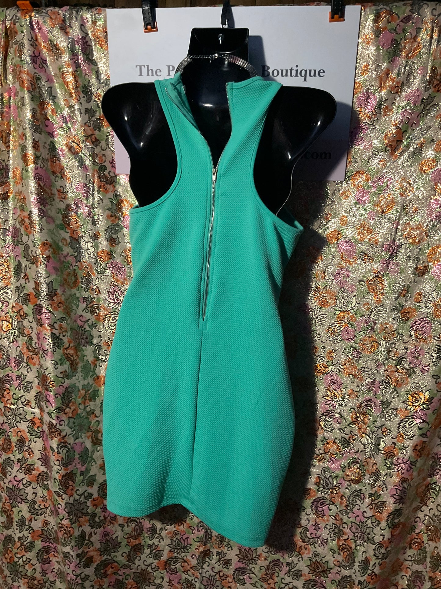 Teal tank dress with rhinestone trim