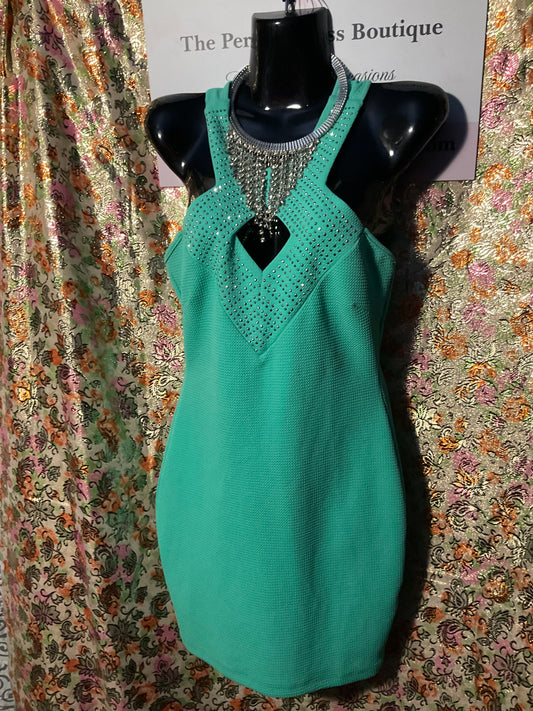 Teal tank dress with rhinestone trim