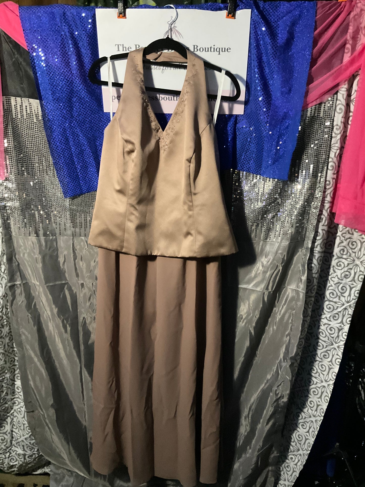 Tan Halter Style David’s Bridal Bridesmaid Dress