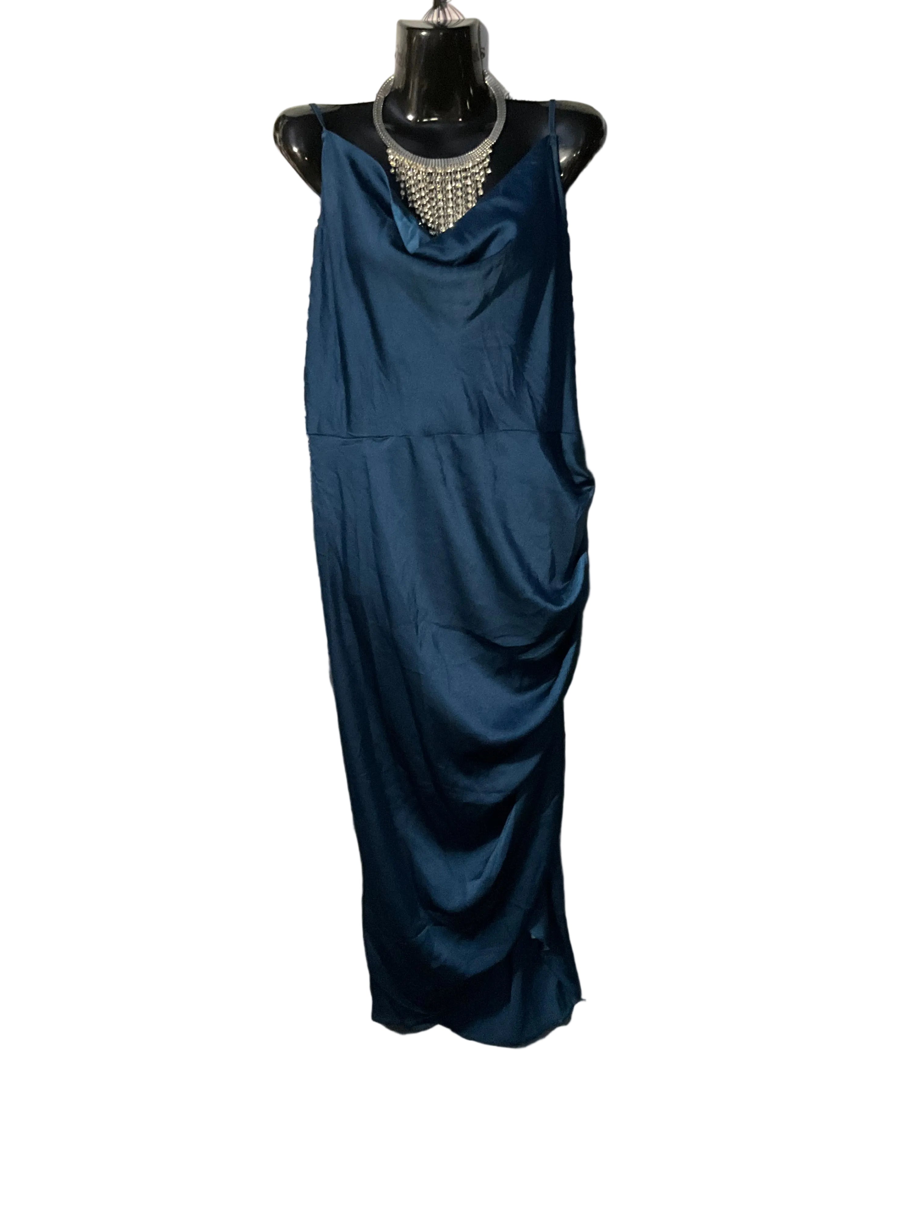 Teal Satin Cowl-Neck Midi Dress (Plus Size)