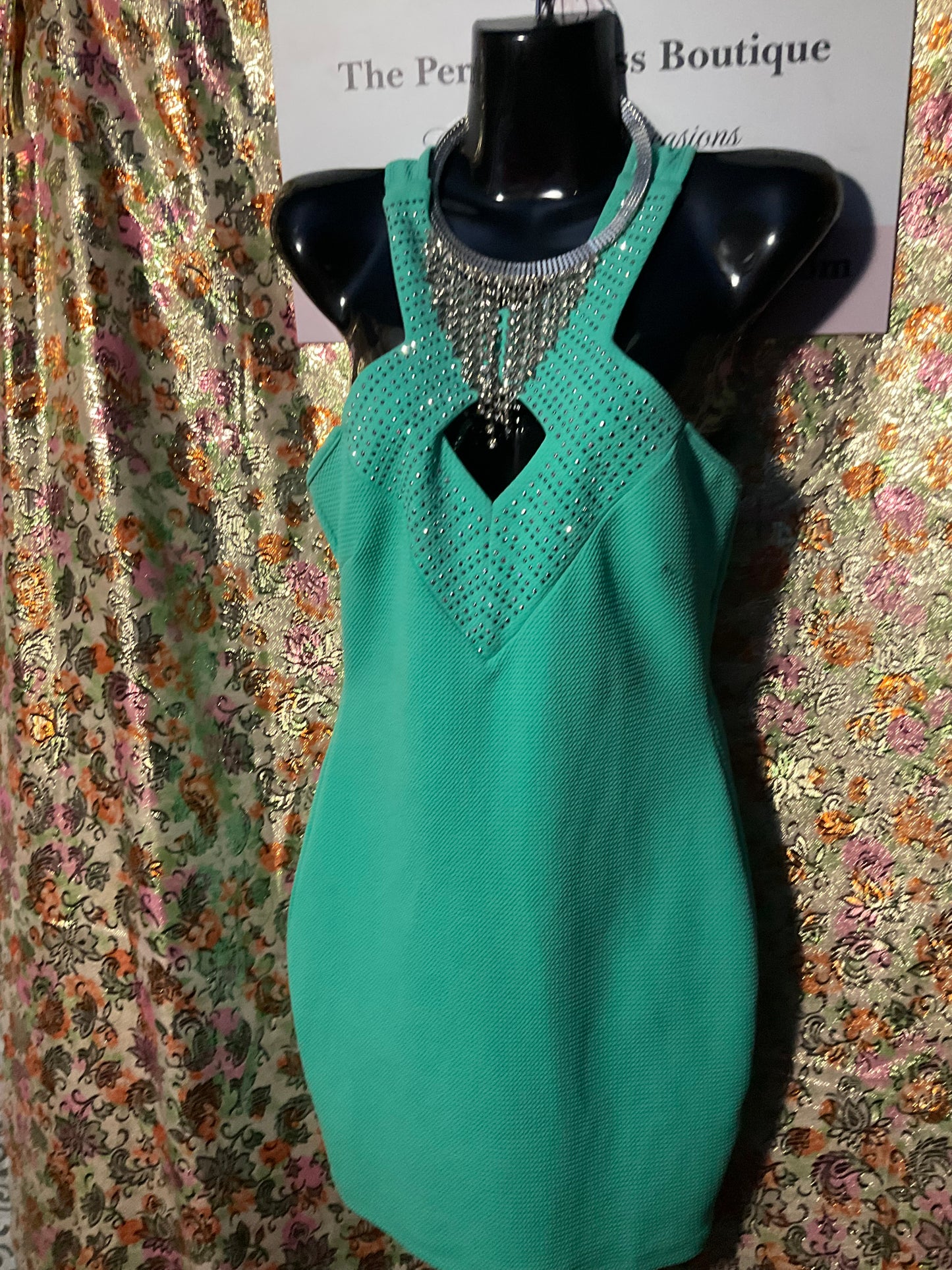 Teal tank dress with rhinestone trim