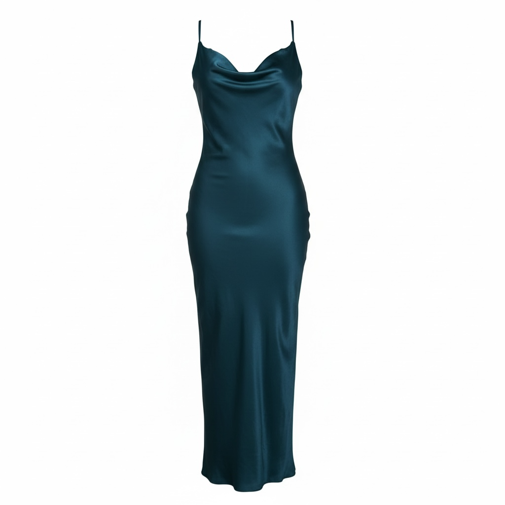 Teal Satin Cowl-Neck Midi Dress (Plus Size)