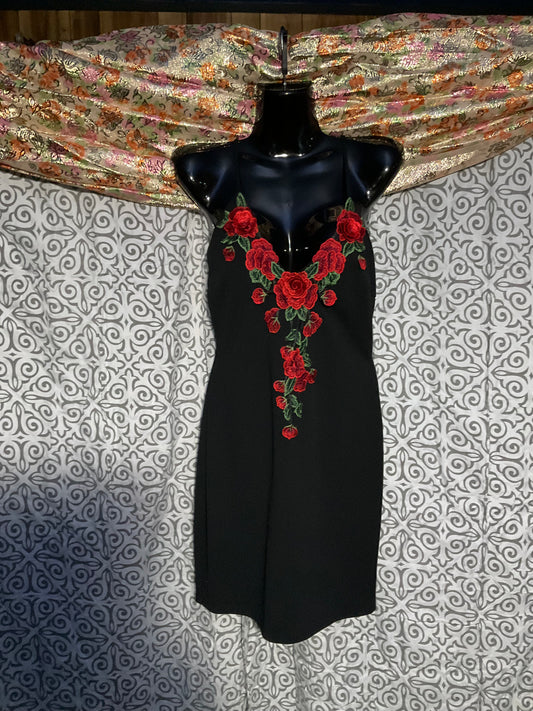 Black cocktail dress with Red roses embellishment