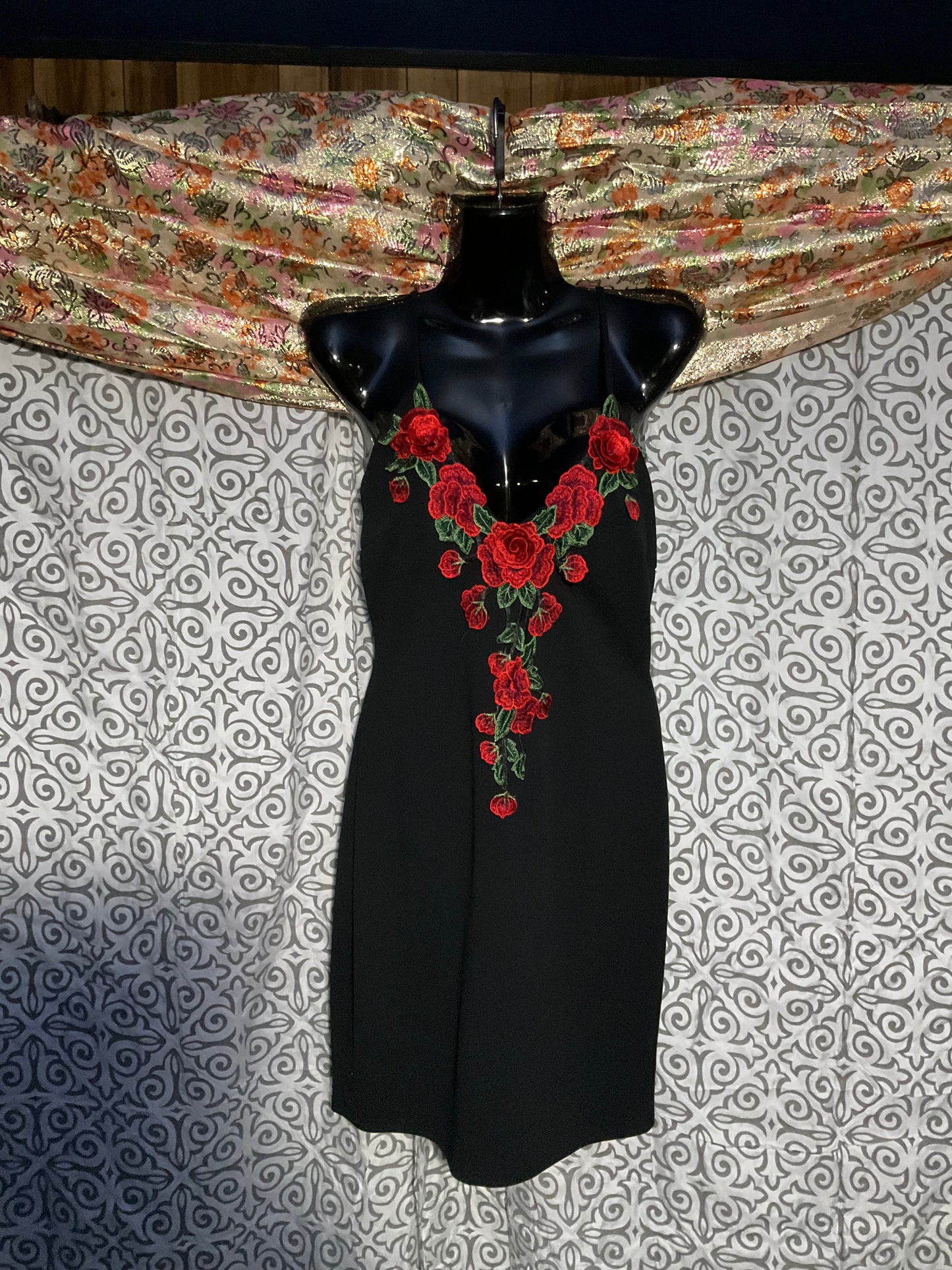 Black cocktail dress with Red roses embellishment