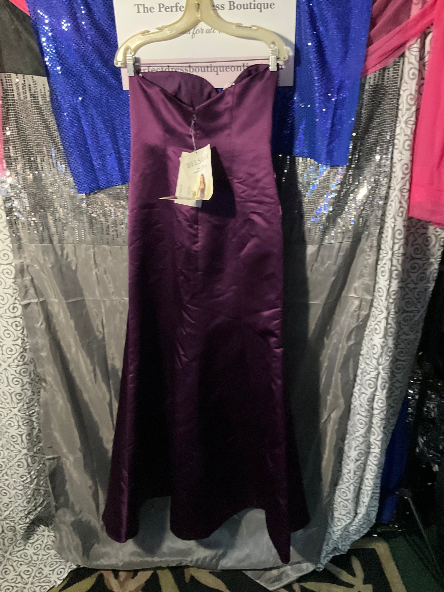 Purple Satin Strapless Belsoie Gown