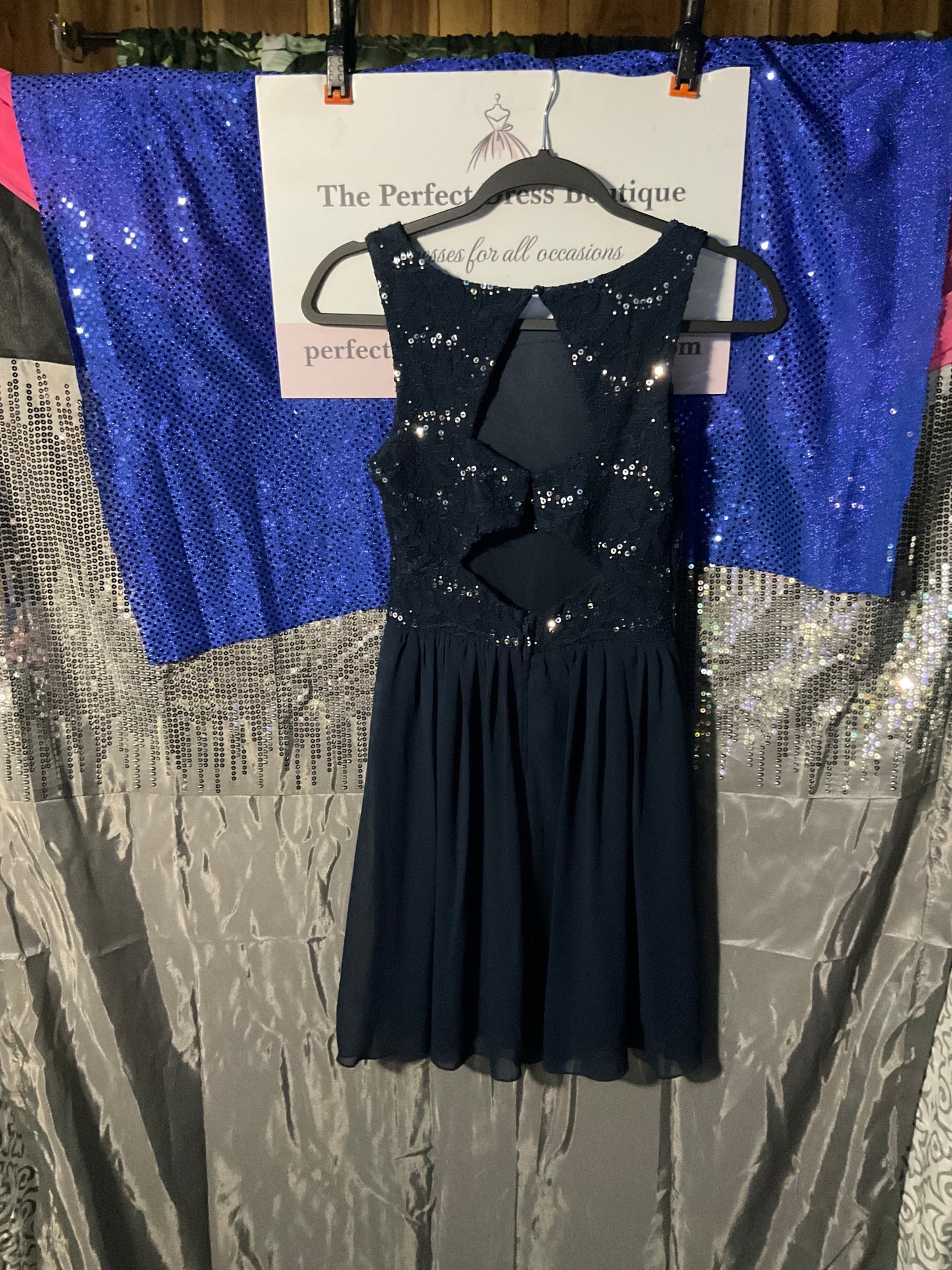 Navy Blue lace & chiffon knee length dress