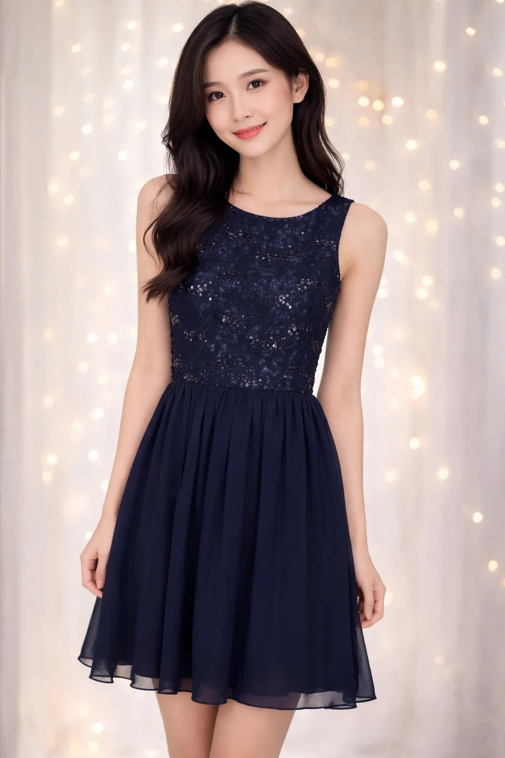 Navy Blue lace & chiffon knee length dress